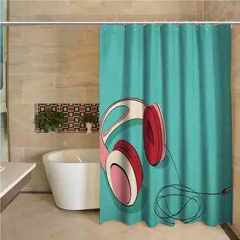 

Indie Precision Custom Shower Curtain Cool Pink Retro Headphones Listening to Music Theme Grunge Equipment Modern Bathroom