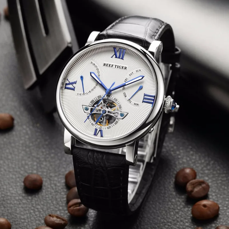 

Reef Tiger Mechanical Luxury Tourbillon Business Watch Men Leather Strap Waterproof Top Brand Automatic Men's Watch Reloj Hombre