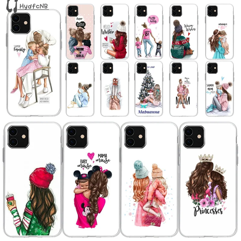 LJHYDFCNB Brown Hair Baby Mom daughter Girl Son Dad Silicone Phone Case for iPhone11 pro XS MAX 8 7 6 6S Plus X 5 5S SE XR cover | Мобильные