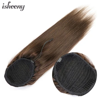 

Isheeny Straight Ponytail 8"-24" Human Hair Drawstring Ponytail With Clips in Natural Black Pony Tail 100G For Women