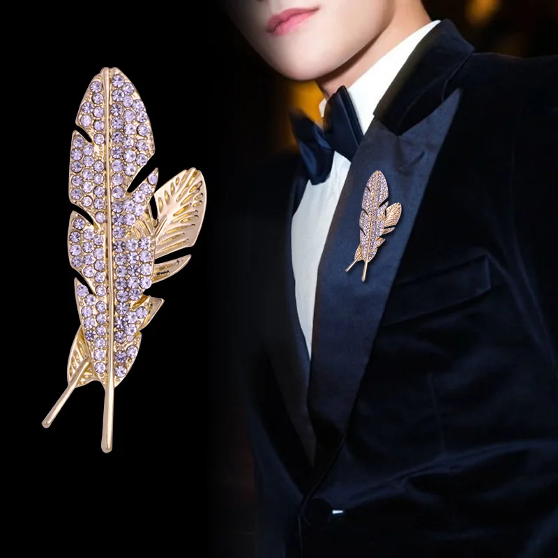 New Temperament Elegant Full Rhinestone Hollow Feather Brooches For Men