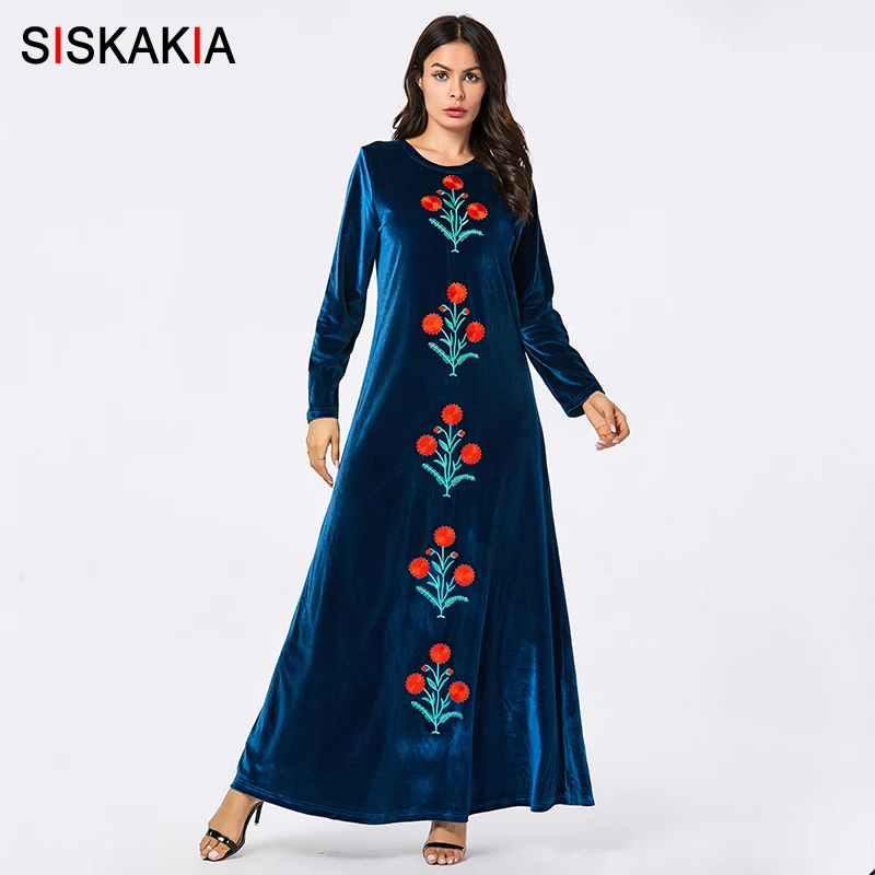 Blue dress Siskakia мусульманское длинное платье бархатное повседневное цветочное вышитое Макси-платье черного и синего цвета размера плюс с круглым вырезом и длинным рукавом Арабская одежда - Цвет: Blue dress
