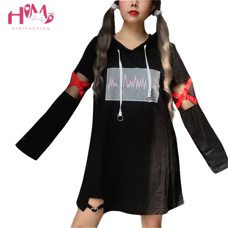 2019 Korea Women Lolita Long Hoodies Japanese Harajuku Fashion ECG Graphic Female White Sweatshirt With Heart Kawaii Gothic Tops 2019 Korea Women Lolita Long Hoodies Japanese Harajuku Fashion ECG Graphic Female White Sweatshirt With Heart Kawaii Gothic Tops