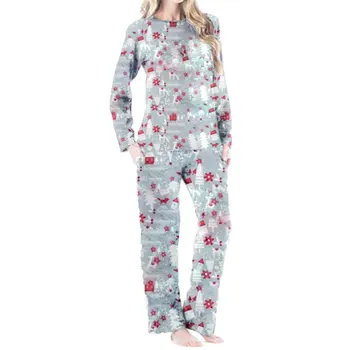 

Women Two-piece Clothes Set, Grey Christmas Tree and Snowflake Printed Pattern Round Collar Top + Long Pants, S/ M/ L/ XL