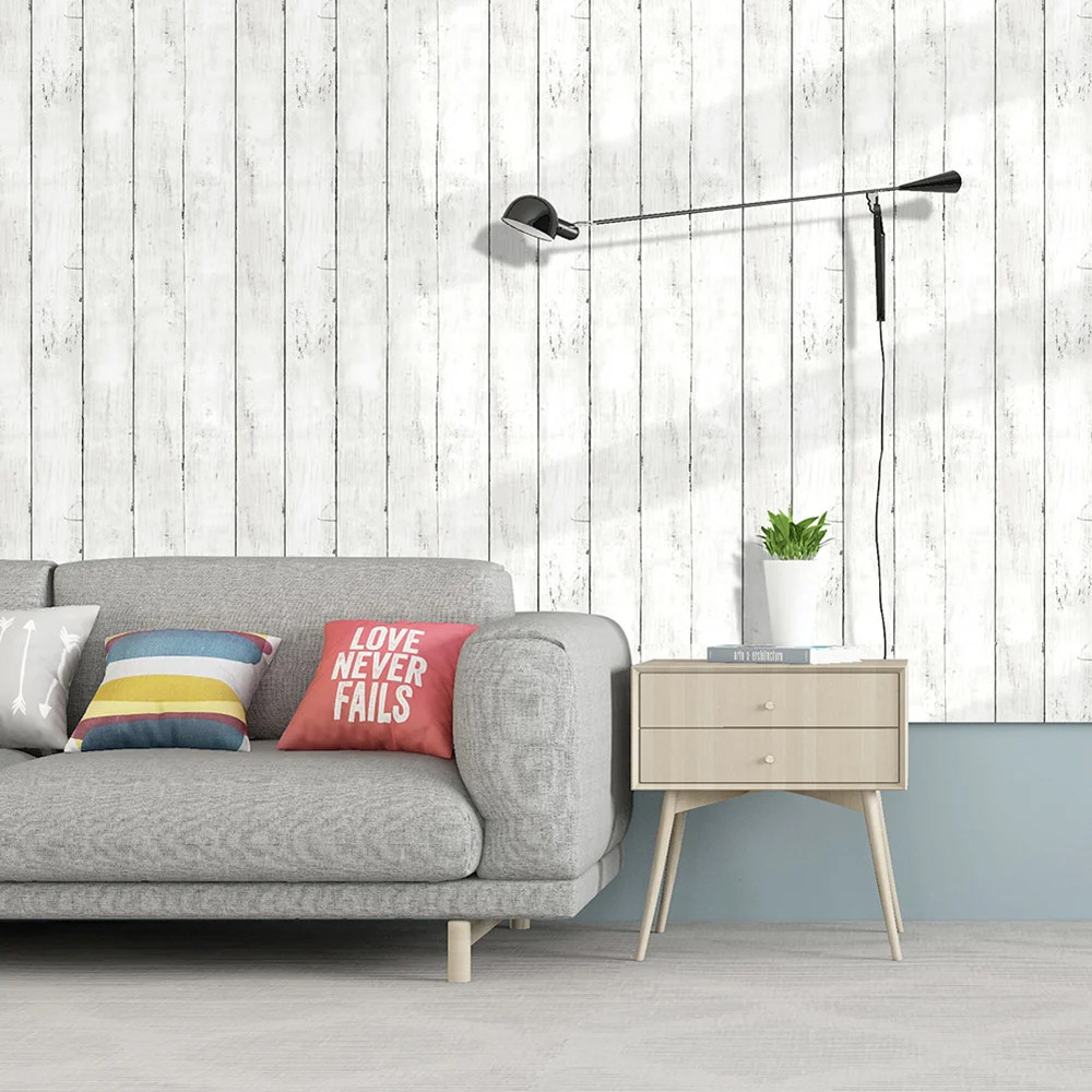 Classic White Gray Wood Paper  Self-Adhesive Removable Wood Peel and Stick Wallpaper Decorative Stick for Living Room Decoration 5