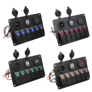 

Hot 6 Gang 5 Pin 12V 24V LED Rocker Switch Panel Circuit Breaker Charger Dual USB Socket Cigaretter Plug Voltmeter Car Auto Char