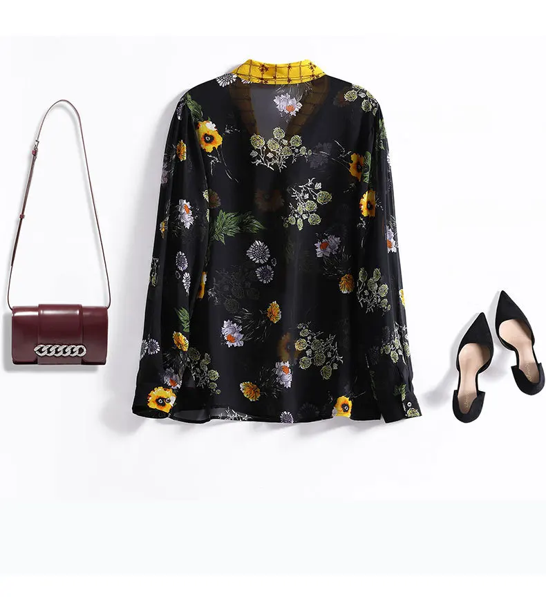 CISULI Silk Georgette Shirts Long Sleeve Floral Printing Blouse women New Desigual Blusas Boho Black Ladies Tops