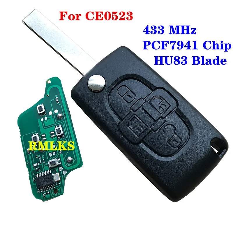 4 кнопки дистанционного ключа для автомобиля peugeot 807 1007 CE0523 ID46 PCF7941 чип HU83 VA2 Blade ASK FSK 433 МГц сигнал для Citroen
