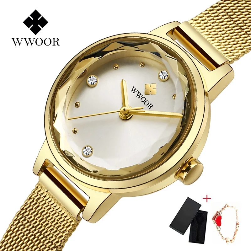 Gold White WWOOR, роскошные женские часы из розового золота, водонепроницаемые женские кварцевые часы из нержавеющей стали с сетчатым ремешком, повседневный браслет, Подарочная коробка - Цвет: Gold White