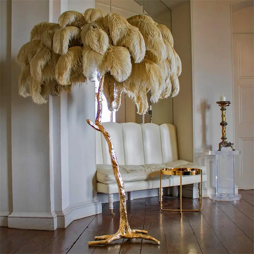 

modern luxury Ostrich Feather Gold floor lamp 100% Copper Brass nordic art Standing Lamp Villa Tripot hotel Decor table lamp