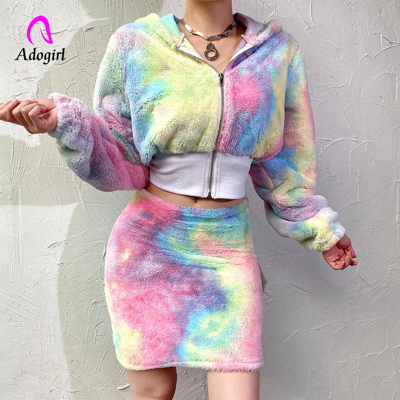 

Colorful Autumn Winter Plush Fluffy Tracksuit Women Two 2 Piece Set Long SleeveTeddy Hoodies Sweatshirt +Mini Skirt Matching Set