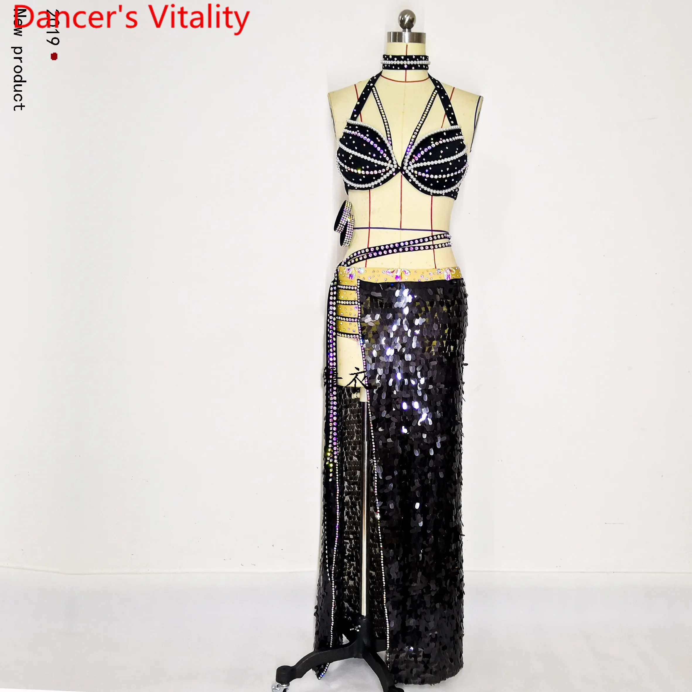 

Professional Belly Dance Costume Custom Women Adult Sexy Super Bright Sequined Split Long Skirt luxury Set