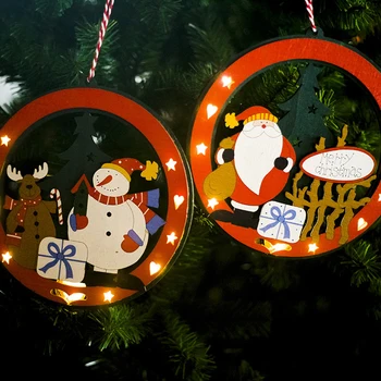 

40x21.5cm Christmas Tree Hanging Lamp Craft Wooden Round Frame Led Light Ornament Pendant New Year Christmas Decorations
