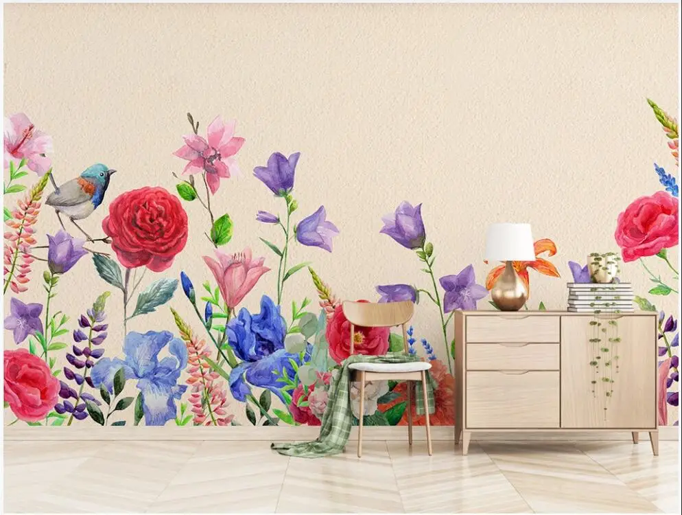

3d wallpaper custom photo mural Hand painted pastoral plants flowers and birds background home decor wallpaper for walls 3 d
