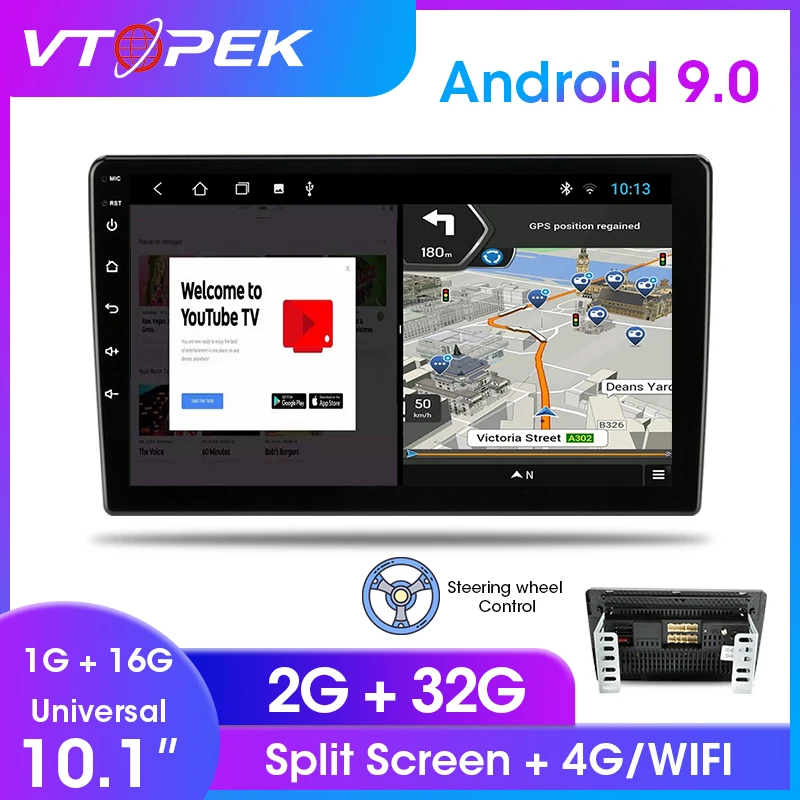 Vtopek 10 дюймов Android 9 0 авто радио универсальный автомобильный стерео сенсорный