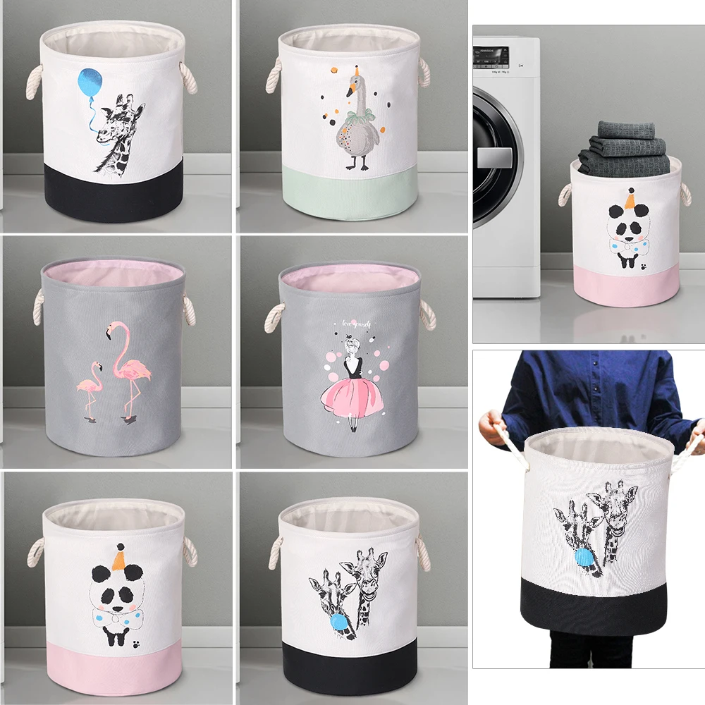 

EVA Canvas Fabric Round Collapsible Laundry Basket Dirty Clothes Organizer Toys Storage Box Bin Bucket Hamper With Handles 1pc
