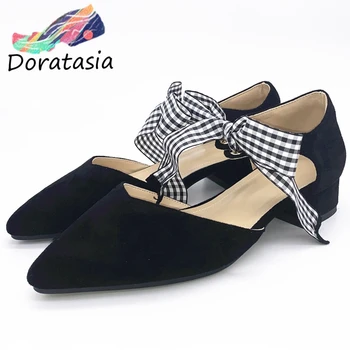 

DORATASIA Women Summer Low Heel Flock Shoes 2020 Office Casual Sandals Women Butterfly Knot Pointed Toe Sandals