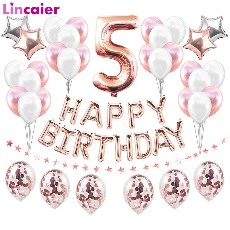 

37pcs Rose Gold Number 5 Foil Balloons Set 5th Birthday Party Decorations Baby Boy Girl 5 Years Happy Birthday Decor Pink Blue