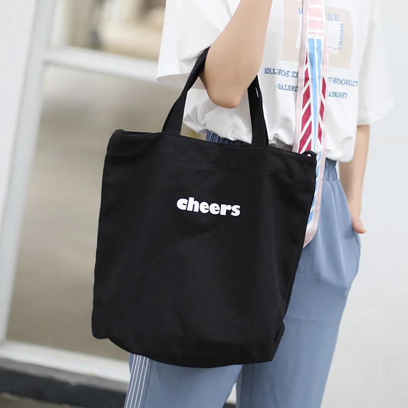 Black Raged Sheep New Casual Women's Canvas Shoulder Bags Messenger Letter Printing Large Capacity Eco Reusable Bag Large Shopping Bag - Color: Black