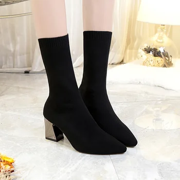 

New Ankle Boots Autumn Pointed Toe Stretch Knitting Sock Boots Plus Size High Heels Female Slip On Lady Shoes