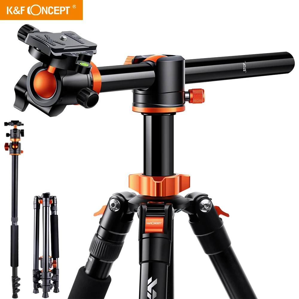 K&F CONCEPT 72인치 카메라 삼각대, S211 가로형 센터 컬럼 알루미늄 DSLR 브이로그 비디오 삼각대 360도 볼..