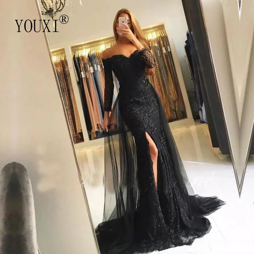 Вечерние платья Длинные великолепные с открытыми плечами Русалка SplitLace аппликация бисером формальное платье для выпускного вечера Lebanon Robe De Soiree longue