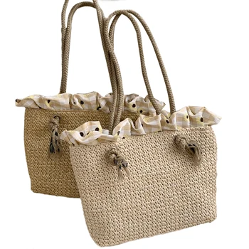 

Summer Beach Bag, Elegant Handmade Straw Tote Purse with Plaid Ruffle Trim for Women Girls