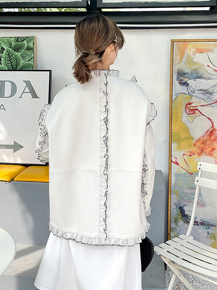 Autumn Spring Korean Style Women's High Quality Ruffles Genuine Leather Loose V-neck Jackets B098