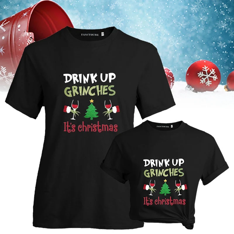 Футболка с надписью DRINK UP GRINCHES, Женская рождественская футболка с коротким рукавом и круглым вырезом, Женская Повседневная Уличная одежда, пуловер Harajuku, топы