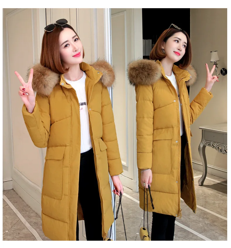 Зимнее женское пальто, корейские меховые куртки с капюшоном, новая модная свободная длинная приталенная черная бежевая шикарная пуховая хлопковая теплая одежда LD1229