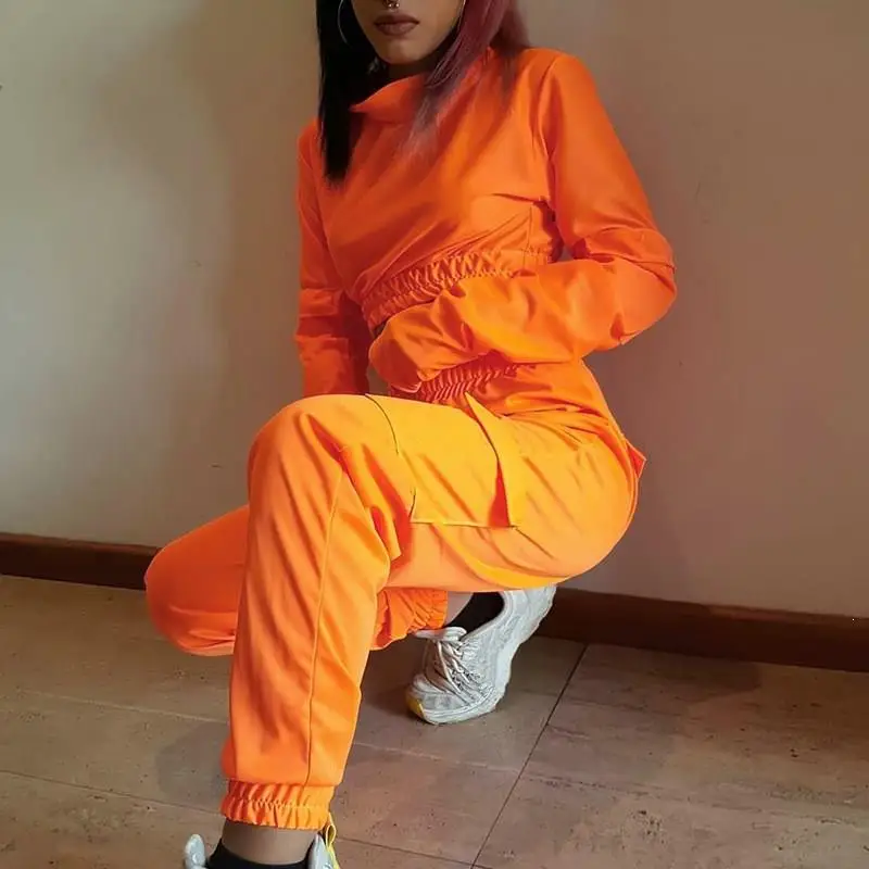 

Women Sweatshirts High Waist Pants Sportswear Pockets Cotton Two Piece Casual Suit Loose Tracksuits Orange Outfits