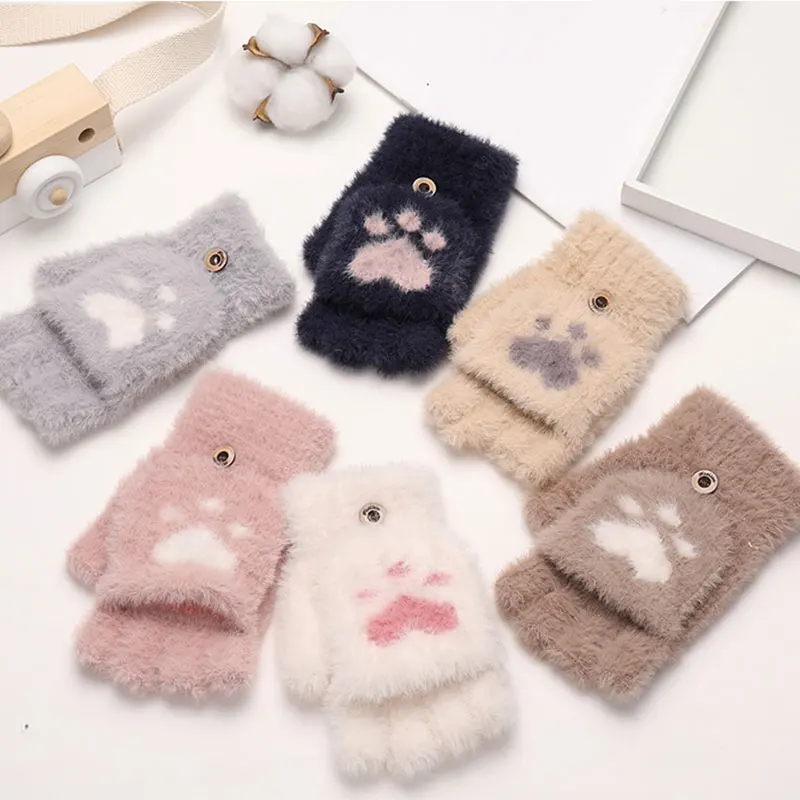 

Touch Screen Driving Gloves Winter Warm Antlers Rabbit Ears Plus Velvet Cartoon Cat Claw Half Knitted Mittens Finger Gloves