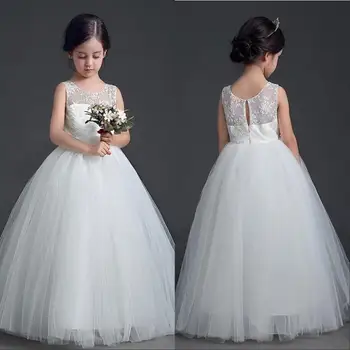 

Simple White Flower Girl Dresses For Wedding Ball Gown Floor Length Lace Tulle Sleeveless Girls Pageant Birthday Party Dress