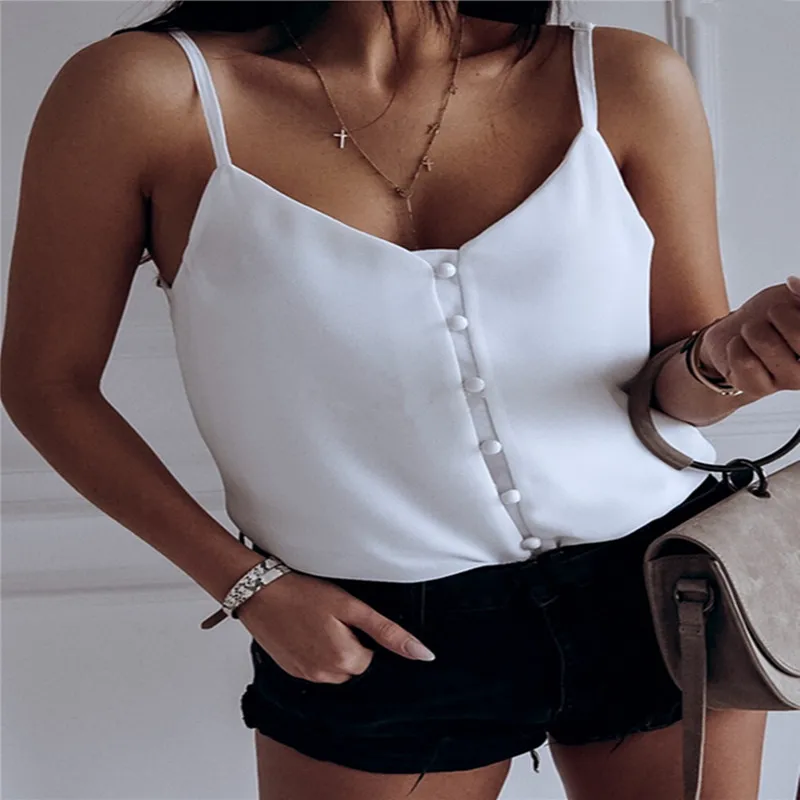 Женский топ на пуговицах с v образным вырезом без рукавов белый офисный плотный