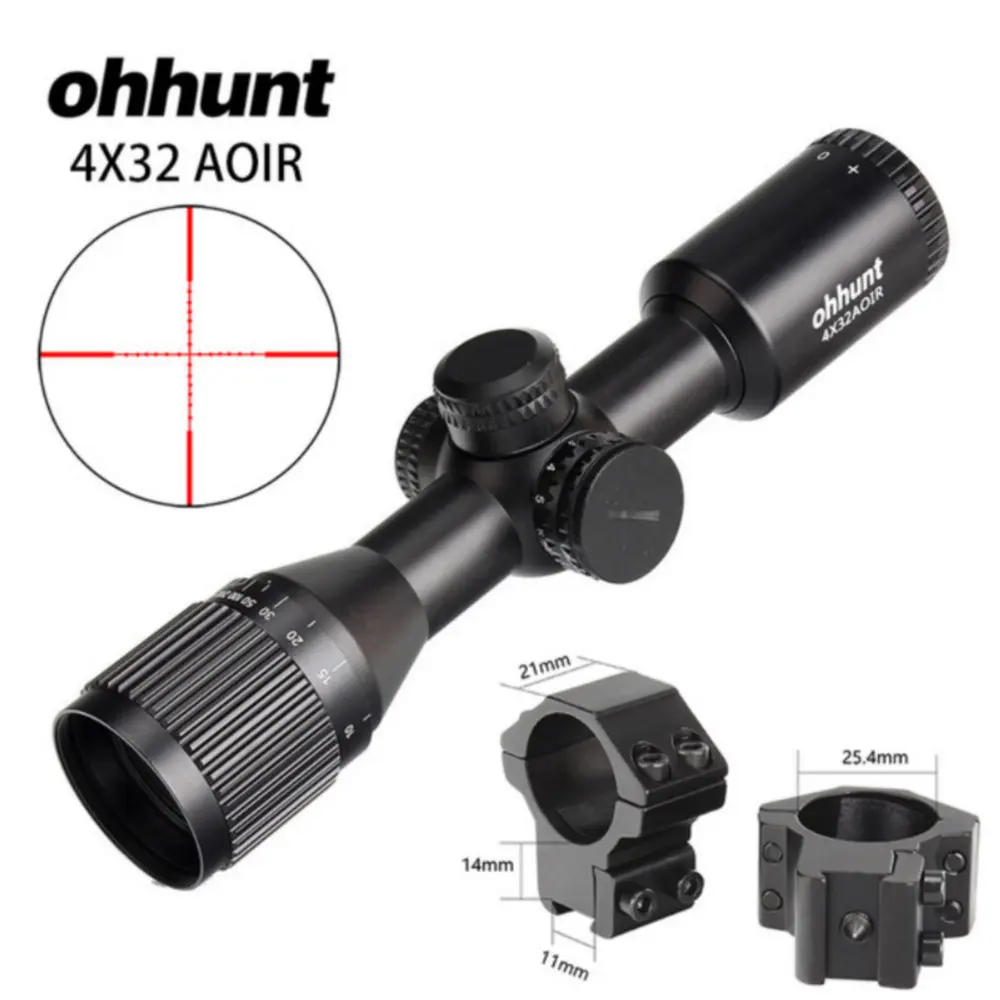 Ohhunt 4X32 AOIR компактный прицел для винтовки Mil Dot красная и зеленая подсветка охотничья оптика оптические прицелы заполняющий азот область с кольцами - Цвет: with Dovetail Rings