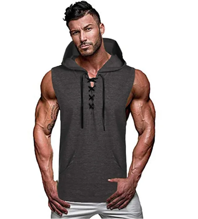 

2020 New Compression Men's Casual Hooded Solid Color Lace-up Vest Hot Selling Sleeveless Gym Fitness Quick Dry Breathable Vest
