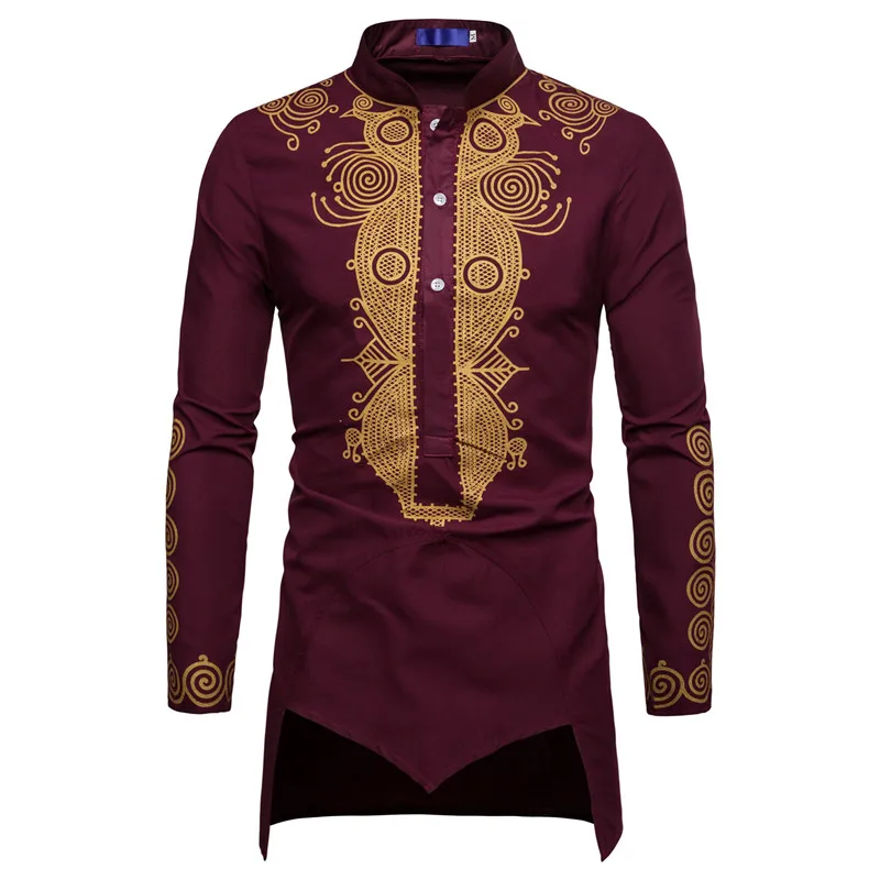 

Mens Shirts Men's Gilt Print Robe Long Sleeve Men's Shirt Loose Square Collar Men's Shirt