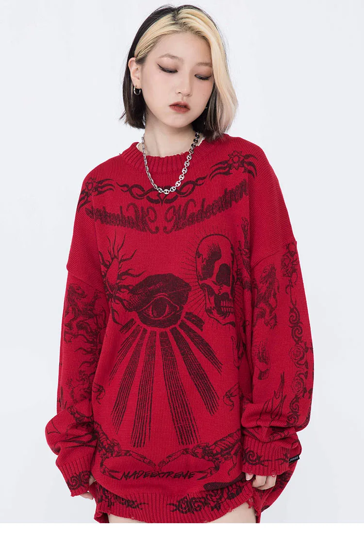 2021 Hip Hop Knitted Sweater Streetwear Rose Eye Scorpion Print Ripped Pullover Men Harajuku Cotton Casual Autumn Sweater Skull