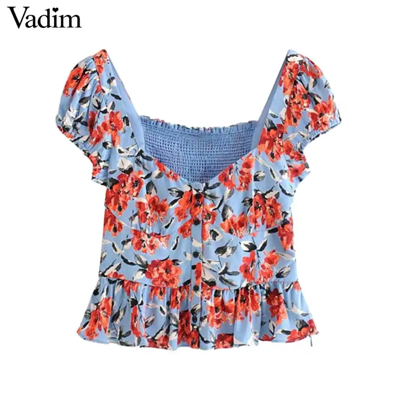 Женское элегантное платье vadim цветочный шифоновый укороченный топ с v-образным вырезом и эластичной спинкой, короткий рукав, плиссированная короткая блузка, винтажные сексуальные топы DA585