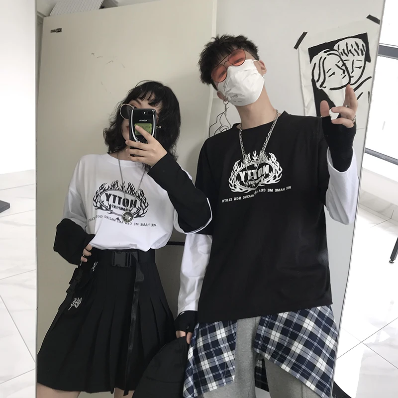 hip hop vintage Print brand Fake two Patchwork Men T shirt Long Sleeve rock Couple Clothes White Funny oversized streetwear 2019 hip hop vintage Print brand Fake two Patchwork Men T shirt Long Sleeve rock Couple Clothes White Funny oversized streetwear 2019