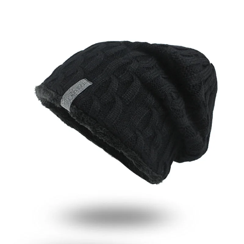 Вязаная этикетка дизайн Beanie твердая Женская длинная Ребристая Крышка зимняя теплая шапка для мужчин Уличная эластичная Повседневная Gorros модные шапки - Цвет: Черный