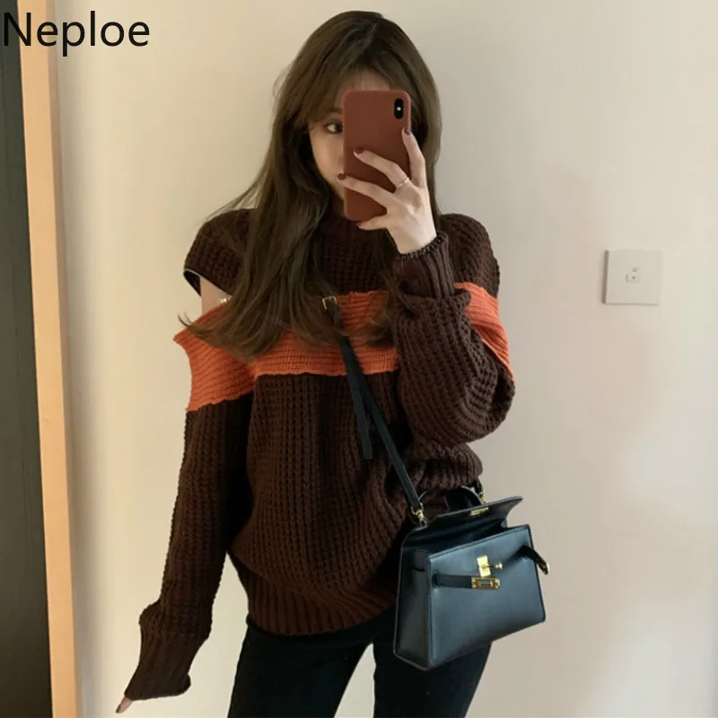 Neploe контрастный цвет лоскутное Pull Femme Hiver сексуальный с открытыми плечами на молнии дизайн длинный рукав вязаный джемпер свитер пуловер с круглым вырезом