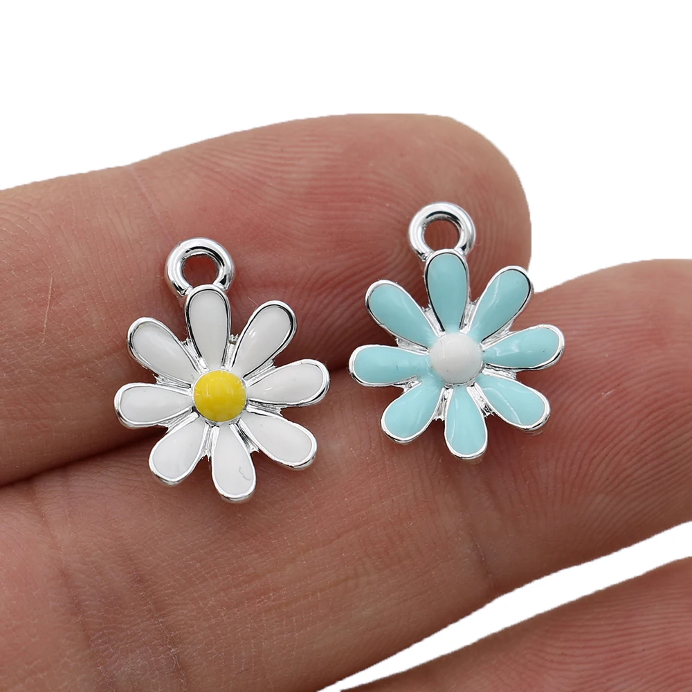 Enamel Silver Plated Flower Charm Pendant Jewelry Making Accessories 10Pcs