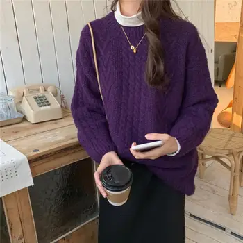 

Korean Fashion Loose Plus Size Pullover O-neck Solid Winter Women Sweater