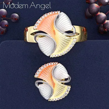 

ModemAngel New Trendy 3 Tone Geometry Luxury Cubic Zirconia Chic Bangle Ring Sets For Women Wedding Dubai Bridal Jewelry Sets
