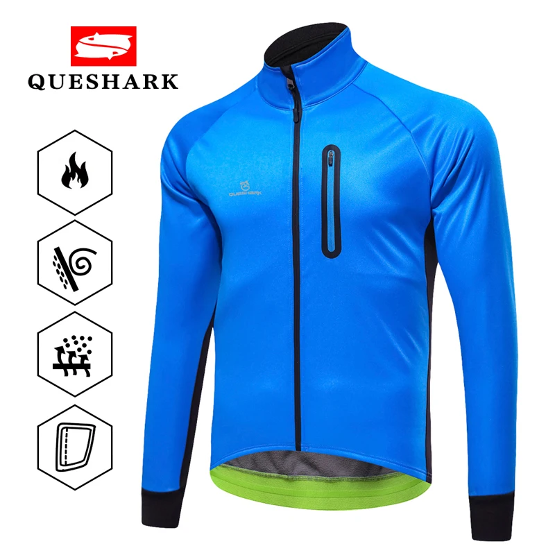 

QUESHARK Winter Autumn Warm Fleece Cycling Jacket Windproof Men Thermal Long Sleeve Bicycle Coat Breathable Bike Clothes