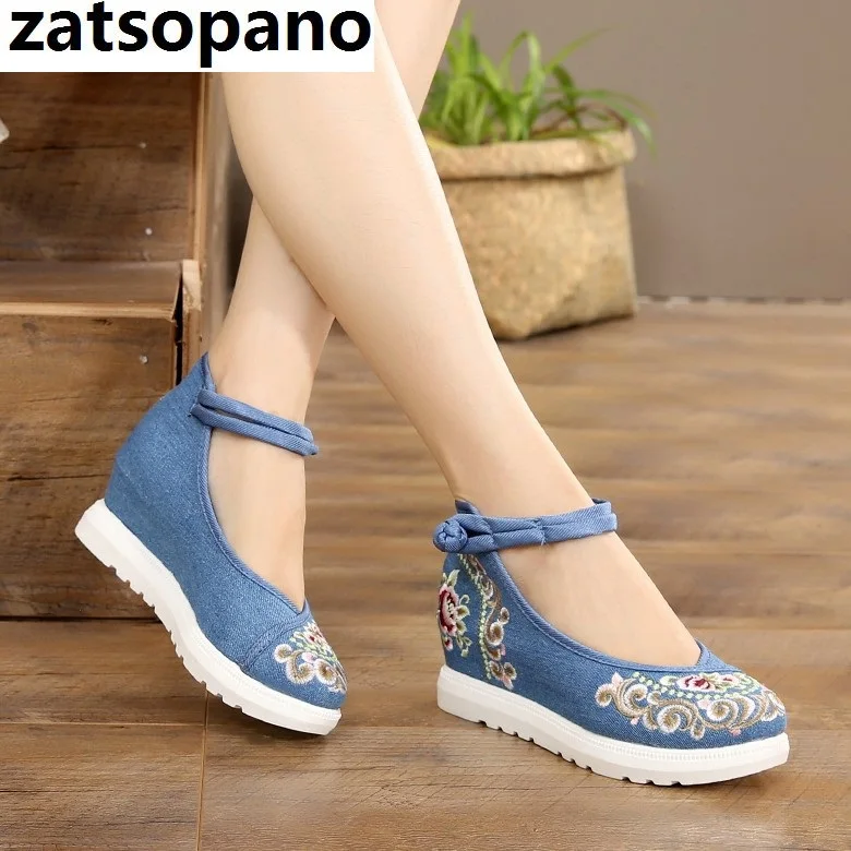 

2019 New Women Spring Autumn Increasing Height Ankle Strap Canvas Shoes China Style Vintage Embroiders Wedges Heels Lady Shoes