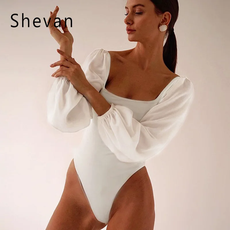 Shevan, боди с длинным рукавом, женское, сексуальное, черное, белое, бордовое, с открытой спиной, с пышными рукавами, квадратная горловина, тонкое, однотонное, базовое боди - Цвет: White Bodysuit