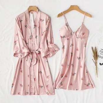 

2PCS Robe Set Kimono Bathrobe Gown Nightwear Casual Home Clothing Satin Print Pink Women Nightgown Sleepwear Novelty Homewear
