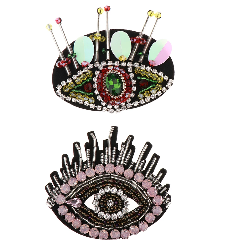 2X Embroidered Applique Clothes Patches Eyes Rhinestone Sewing Cloth Paste Badges DIY Clothes Jeans Bag Decorative Accessories